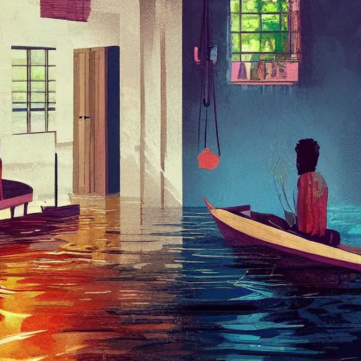 Prompt: a living room the floor of which is water, and a man coming in from the kitchen in a row boat, artwork by alena aenami
