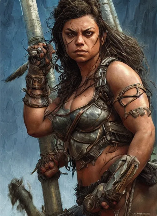 Image similar to exhausted Mila Kunis as a very muscled rugged looking Amazon, dirty, sweating, intricate, elegant, highly detailed, artstation, concept art, sharp focus, art by artgerm and donato giancola and Joseph Christian Leyendecker, WLOP