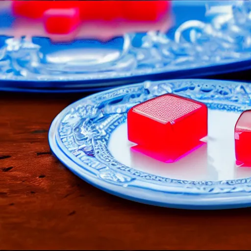 Image similar to cubes of translucent red jelly on a blue and white intricately decorated china plate lit by bright god rays, hyper realistic, 8k, octane render, glistening, shimmering, raycasting, refraction, award winning digital art, masterpiece