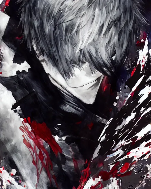 Image similar to kaneki ken, tokyo ghoul, painting by yoji shinkawa, sui ishida, yoshikata amano, collaborative painting, very detailed and high quality, 4 k, 8 k, artstation