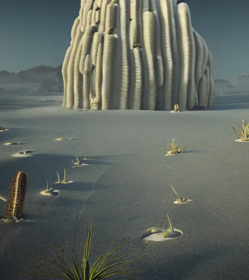 Prompt: surreal theory of the massive inverted roots, unfinished vertical roots of white sand, wrath kingdom, futuristic tower, futuritic architecture, ancient epic tower in the desert, biroremediation plant, foggy night sky, a little bit of patchy cactus, octane render, unreal engine, pale colors, high detail, 8 k, wide angle, trending on artstation, behance