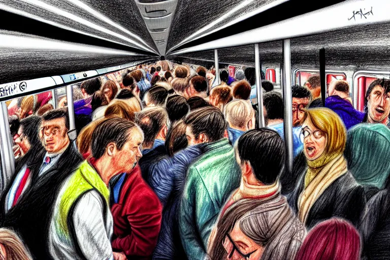 Image similar to a crowded train in germany, people packed in like sardines, dramatic, realistic pencil drawing, in color