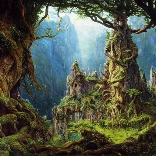 Prompt: a beautiful and highly detailed epic oil painting of an elven palace in the mountains, lush valley, beautiful trees, tangled rune vines, ancient stone runes, intricate details, epic scale, insanely complex, 8 k, sharp focus, hyperrealism, fantasy landscape, psychedelic, by caspar friedrich, brian froud, albert bierstadt,