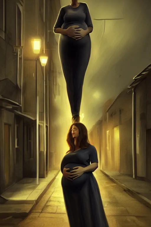 Image similar to pregnant woman under street light, highly detailed, sharp focused, ultra realistic digital concept art by Greg Olson