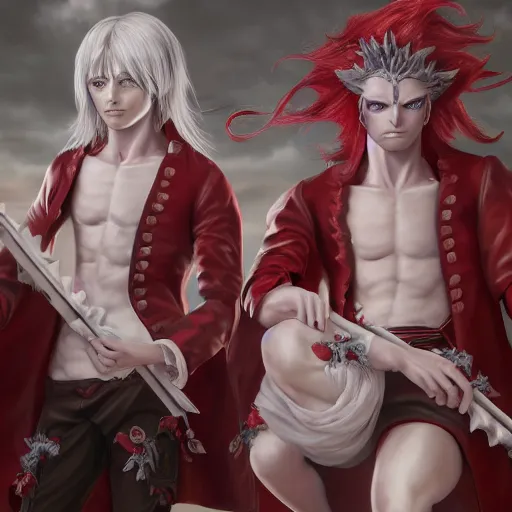 Prompt: Epic rococo painting of two young identical twins, with white skin, long white hair and red eyes. Wearing red clothes. Middle age. Shin megami tensei style, ultra-detailed. Anime, pixiv, UHD 8K CryEngine, octane render