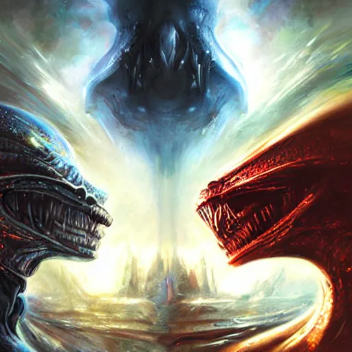 Prompt: clash of two alien civilizations by raymond swanland, highly detailed, bright tones