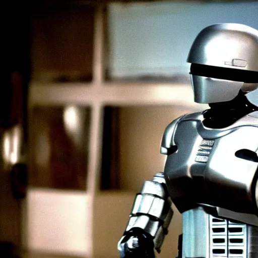 Prompt: cinematic still of michael j fox as robocop in the movie robocop 1 9 8 7