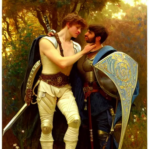 Image similar to attractive arthur pendragon and his attractive male knight, they are in love, natural lighting, path traced, highly detailed, high quality, digital painting, by gaston bussiere, craig mullins, alphonse mucha j. c. leyendecker