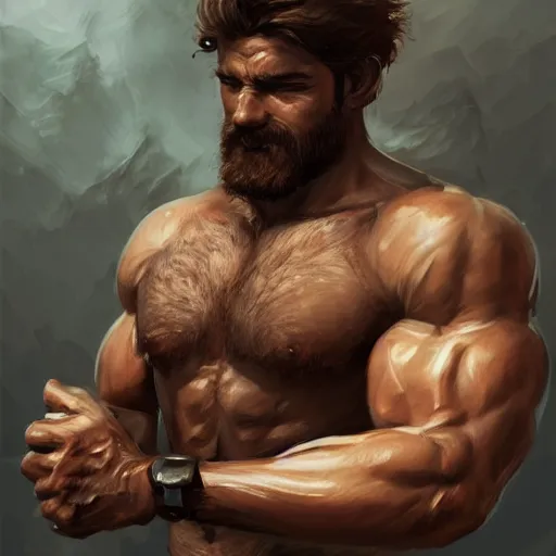 Prompt: portrait of a rugged ranger, muscular, upper body, hairy torso, detailed detailed detailed hands hands hands hands, D&D, fantasy, bare bare bare bare thighs thighs thighs intricate, elegant, highly detailed, digital painting, artstation, concept art, smooth, sharp focus, illustration, art by wlop