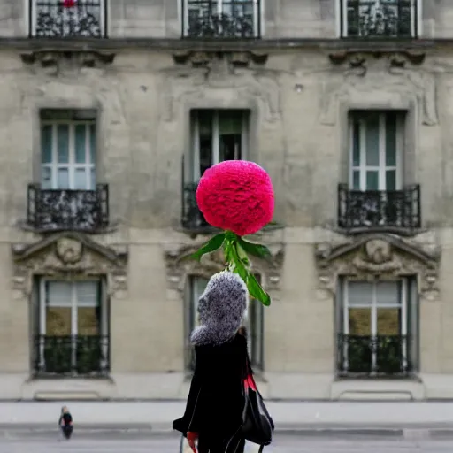 Image similar to giant flower head, woman walking in paris, surreal photography, symmetry, flat space, fanciful, stark colours, detailed, wes anderson