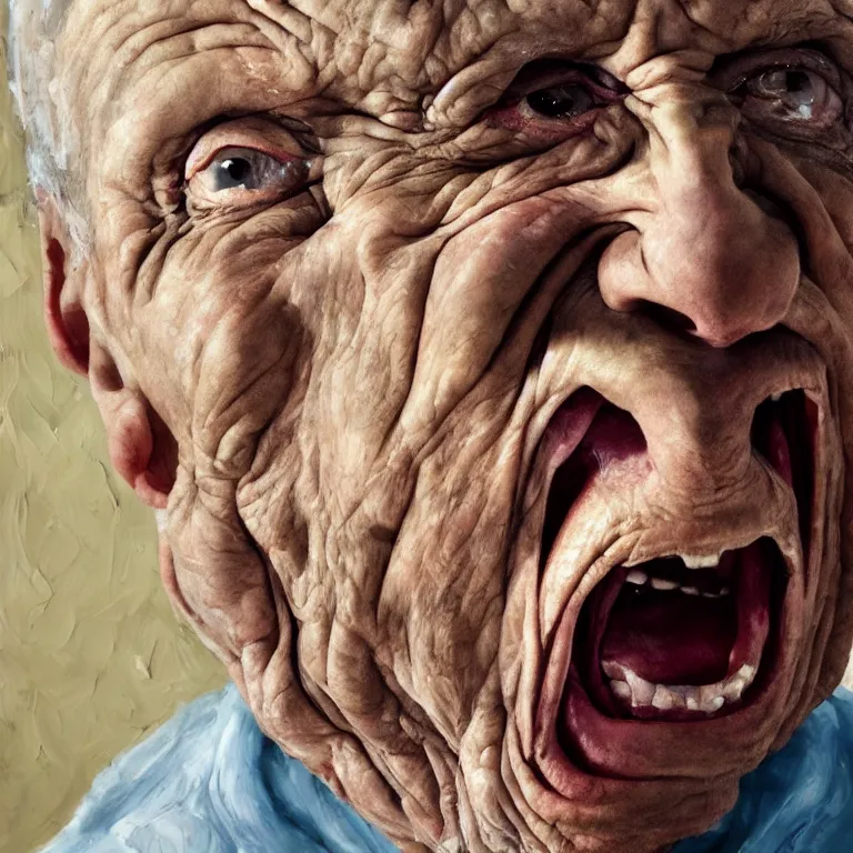 Prompt: warmly lit close up studio portrait of aging angry!! screaming! old Seinfeld age 115 wrinkled furious!, impasto oil painting thick brushstrokes by Lucian Freud and Cy Twombly and Tim Hawkinson , trending on artstation dramatic lighting Expressionism