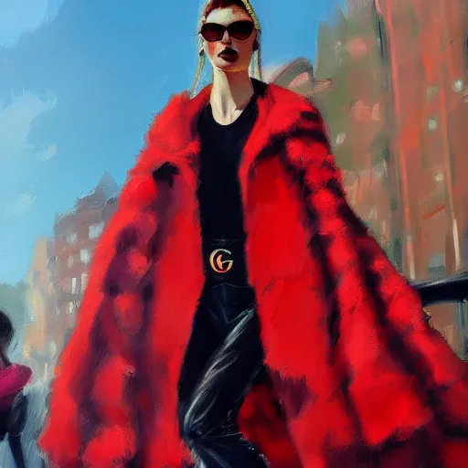 Image similar to red light fashion, gucci catwalk, oil painting, digital art, ultradetailed, artstation