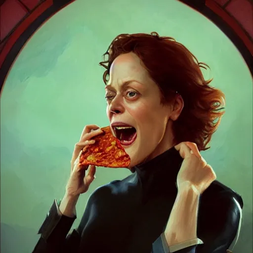 Image similar to portrait of Sigourney Weaver opening his mouth to eat pizza, highly detailed, digital painting, artstation, concept art, sharp focus, illustration, art by artgerm and greg rutkowski and alphonse mucha