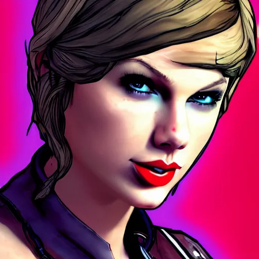 Image similar to taylor swift portrait, borderlands, tales from the borderlands, the wolf among us, comic, cinematic lighting, studio quality, 8 k