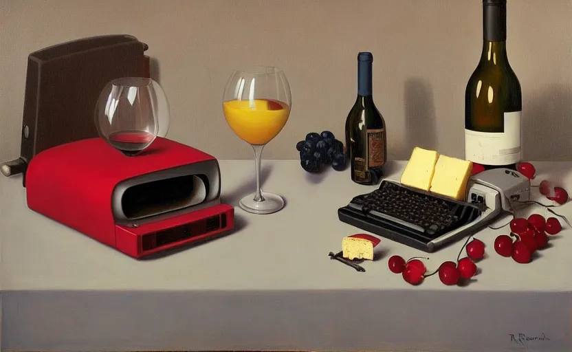 Prompt: an achingly beautiful still life featuring tillamook cheese, and red wine and an old computer by Raphael, Hopper, and Rene Magritte. detailed, romantic, enchanting, trending on artstation.