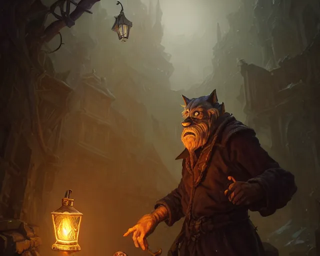 Image similar to oldman with a lantern at night time, werewolf behind him, deep focus, d & d, fantasy, intricate, elegant, highly detailed, digital painting, artstation, concept art, matte, sharp focus, illustration, hearthstone, art by artgerm and greg rutkowski and alphonse mucha