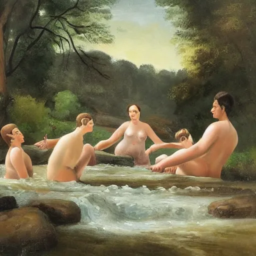 Prompt: The painting depicts four bathers in a stream or river, with two men and two women. The bathers are shown in different positions, with one woman lying down and the other three standing. The painting has a very naturalistic style, with trademark use of bold colors and brushstrokes. The overall effect is one of a peaceful scene, with the bathers enjoying the refreshing water. volumetric lighting, viridian by Kevin Sloan, by Alan Lee Trending on artstation, postprocessing