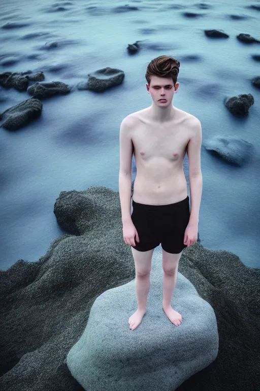 Image similar to high quality pastel coloured film mid angle docu photograph of a beautiful young 2 0 year old male, soft features, short black hair, clothed, in icelandic black rock pool environment. atmospheric. three point light. photographic. art directed. ( pastel colours ). volumetric light. clearcoat. waves glitch. 8 k. filmic.