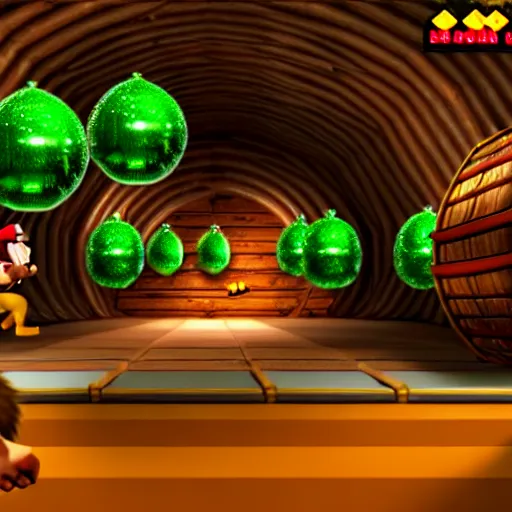 Prompt: Donkey Kong in a beautiful mine with shiny crystals on the wall and floating barrels. Unreal engine.