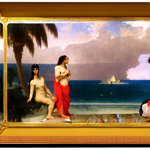 Image similar to Silhouette of two girls at the palace, thunderstorm, greek pool, beach and palm trees on the background major arcana sky, by paul delaroche, alphonse mucha and arnold böcklin arnold böcklin hyperrealistic 8k, very detailed