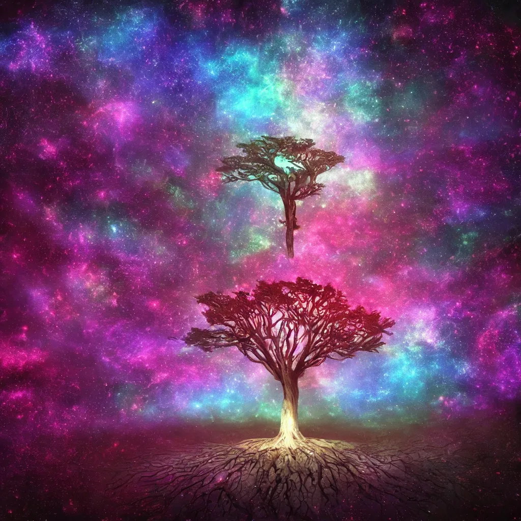 Prompt: tree of life, Cosmic tree of life, trees, Tree in a galaxy made of stars, space, nebulas stars Dmt Psychedelic cosmos, cosmic, Hallucination, night sky; 8k, artstation, unreal engine, octane render, hdr, surrealistic, hyperrealism, glow, photorealistic, volumetric lighting, Dreamy, dynamic, mystical