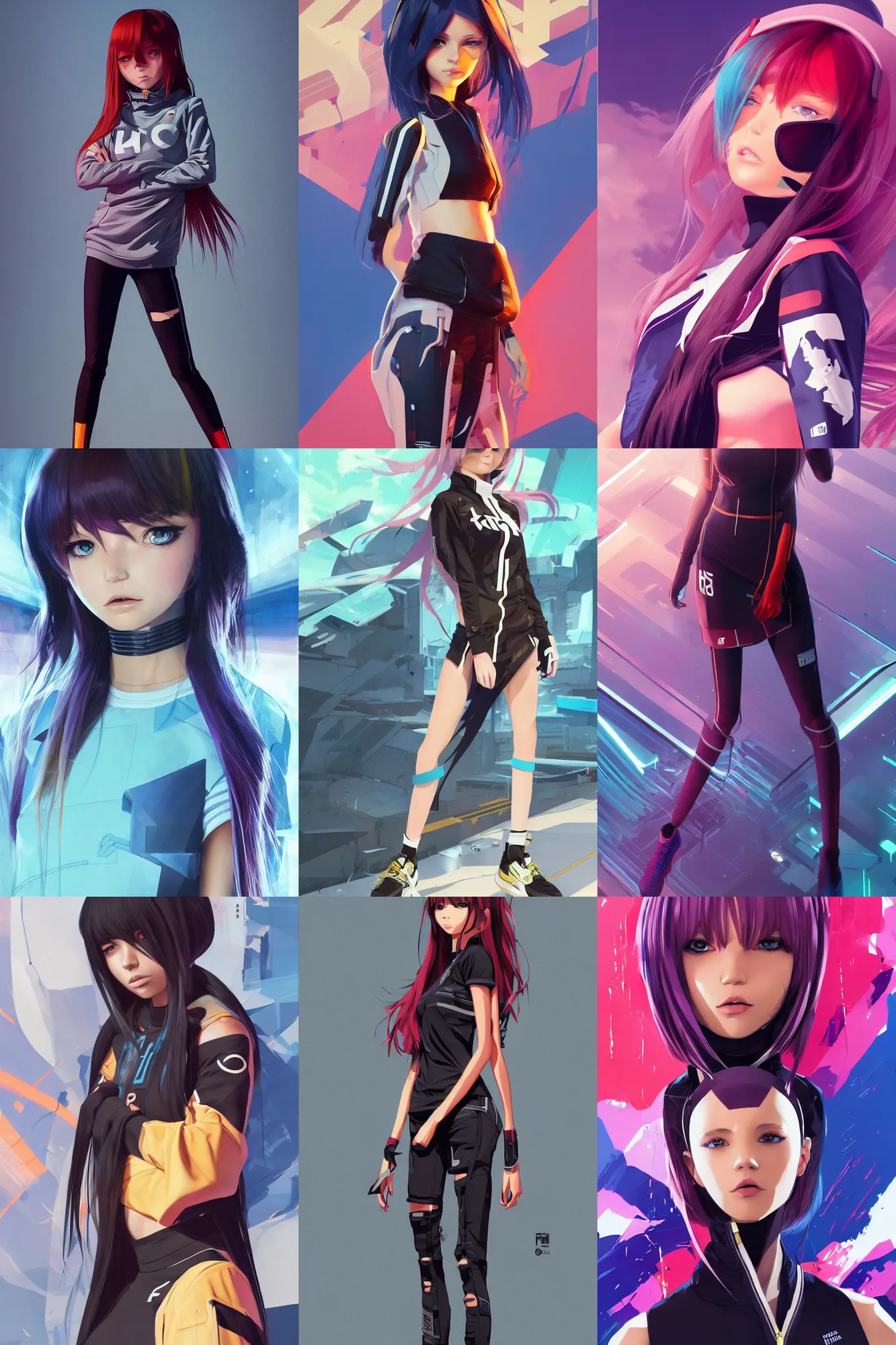 Image similar to uncropped full body character portrait poster girl with futuristic streetwear and crossed arms, long straight hair, complementary colour palette, cute face, pretty face, anime by kuvshinov ilya, artgerm and greg rutkowski, 4 k, hdr, graphic design, adobe illustrator, behance, trending on artstation