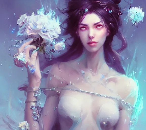 Image similar to beautiful girl necromancer covered with crystals exploding ice, 3 d render, hyper realistic detailed portrait, holding magic flowers, ruan jia, wlop. scifi, fantasy, hyper detailed, octane render, concept art, peter mohrbacher