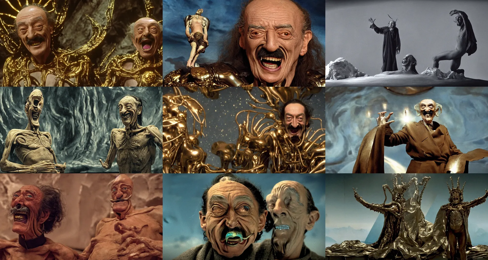 Image similar to the full body shot of laughing salvador dali in the role of emperor of universe | still frame from the prometheus movie by ridley scott with cinematogrophy of christopher doyle and art direction by hans giger, anamorphic bokeh and lens flares, 8 k, higly detailed masterpiece