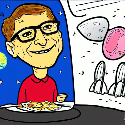 Image similar to Bill Gates eating burritos in outer space. Cartoon style.