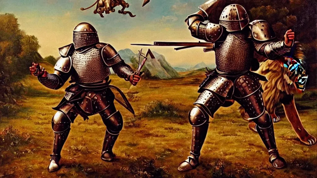 Image similar to fully armored knight wielding an automatic weapon fighting a lion in a medieval setting, painted by bob ross