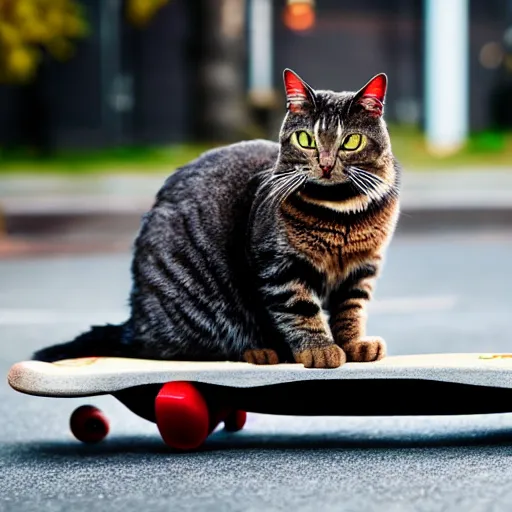 Prompt: salem the cat riding a skateboard looking extremely cool, 8 k, tv still