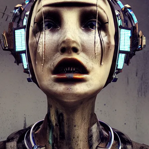 Prompt: sexy beautiful woman head made of mech mask rendered in unreal engine, cyberpunk fashion, dark scifi, painted by david burliuk | bernard buffet | beeple | beksinski