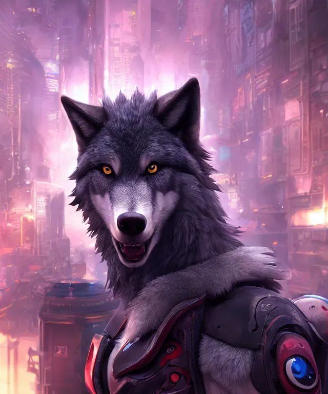 Image similar to a male anthropomorphic dark gray wolf, long red hair, blue eyes, in a futuristic city, hyper detailed, digital art, trending in artstation, cinematic lighting, studio quality, smooth render, unreal engine 5 rendered, octane rendered, art style by pixar dreamworks warner bros disney riot games and overwatch.