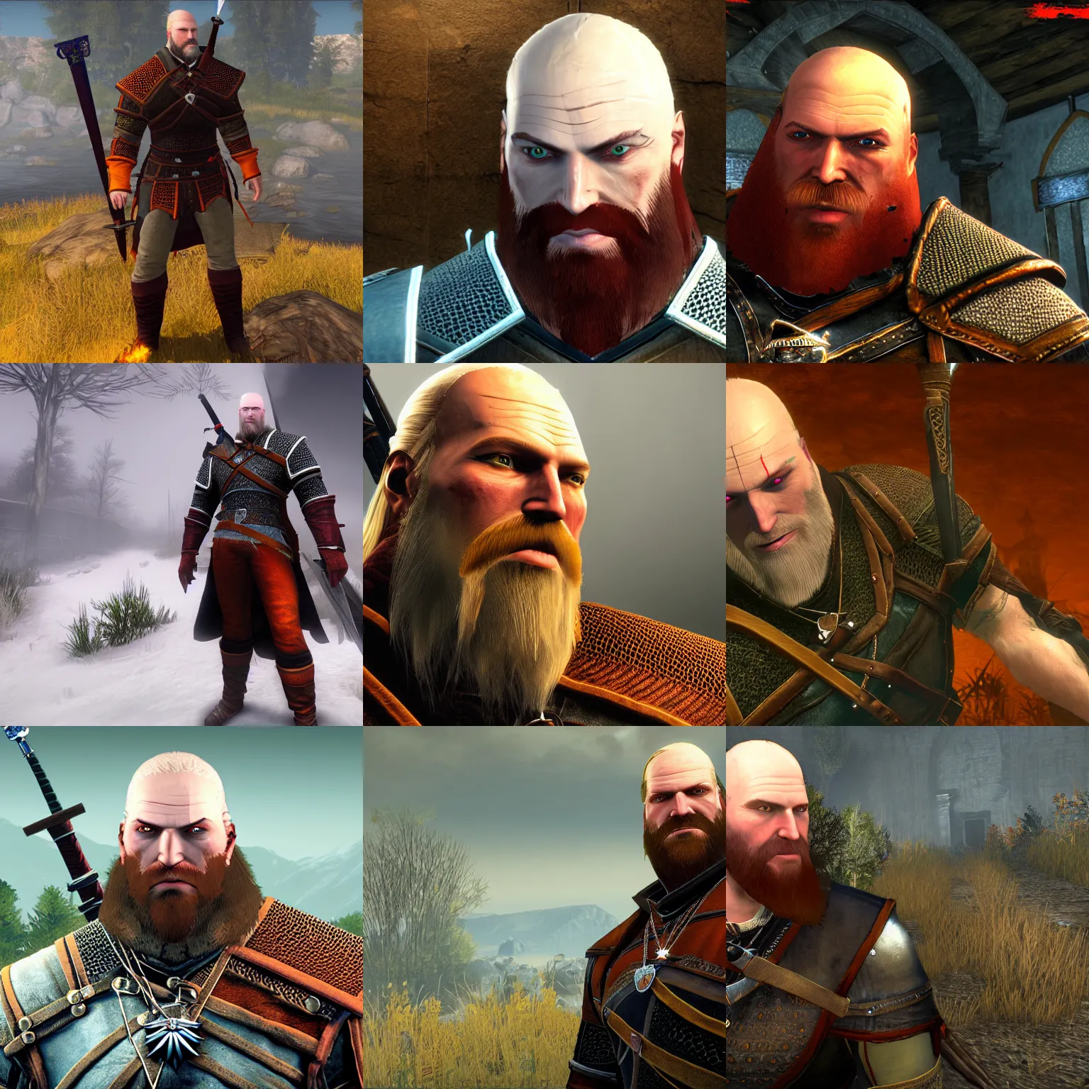 Prompt: game screenshot of angriestpat in the witcher 1, bald with an orange beard