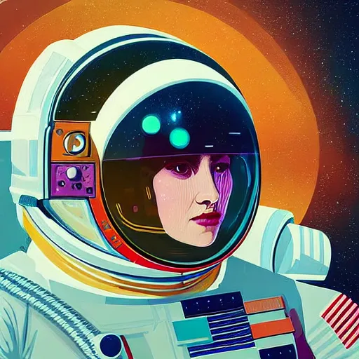 Prompt: portrait of an astronaut girl with helmet and wearing chromatic suit by Petros Afshar and Beeple, highly detailed