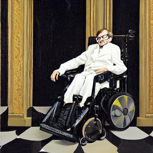 Image similar to walking down the catwalk, stephen hawking in an exoskeleton suit, sci - fi painting by pieter claesz and james c. christensen