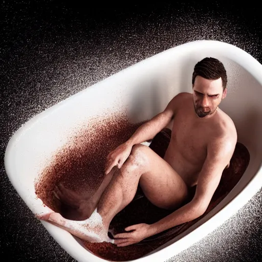 Image similar to man bathing in a tub full of nutella, dslr, 8 k, octane beautifully detailed render, cold lighting, cinematic lighting, detailed photo, masterpiece, volumetric lighting, ultra realistic, highly detailed, high quality, lossless, photorealistic