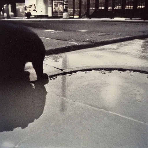 Prompt: wide-shot very low-angle eyesight first-person reflection of a cat's face in the puddle at the street, polaroid photo, by Andy Warhol, signed