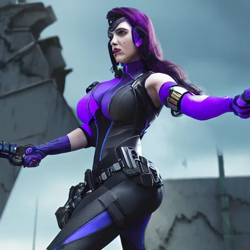 Image similar to scarlet johanson as widowmaker from overwatch, realistic, 4 k, coherent