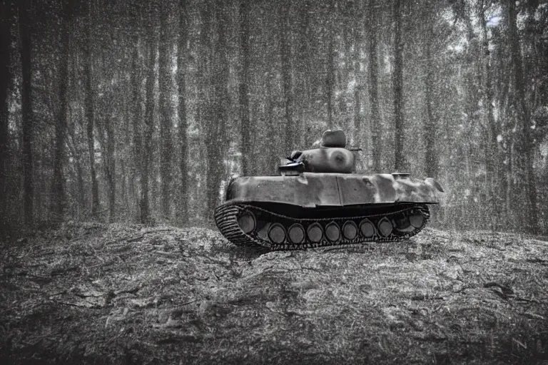 Prompt: 3d render of M4A3 Sherman hidden in bush camo netting dark gritty photo ((((grunge)))) barrel peaking out of the bush ((((((green grey color palette) cinematic ((((((Fury 2014 film)))))) detailed european forest Belgium summer overcast cloudy day