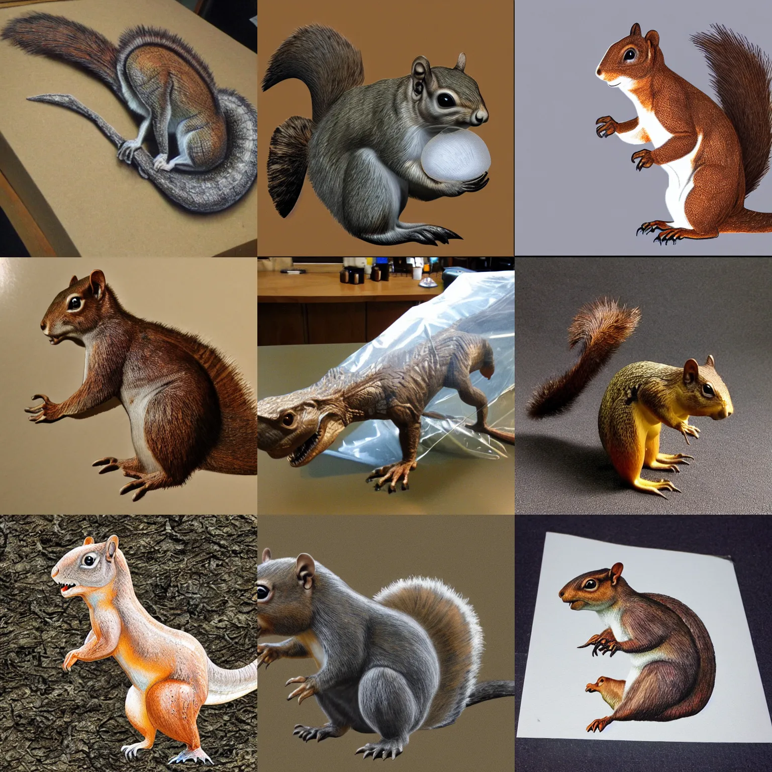 Prompt: dinosaur museum style fossil reconstruction of a squirrel, shrink wrapped, low fat levels, realism
