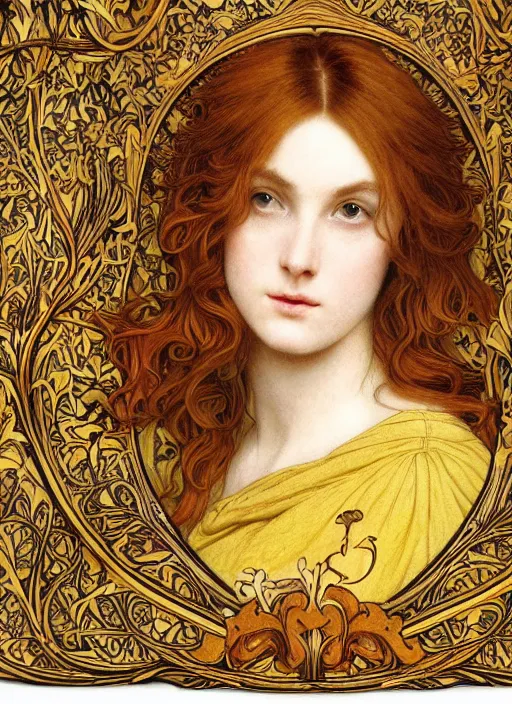 Image similar to masterpiece beautiful seductive flowing curves pose preraphaelite portrait photography, extreme closeup shot, straight bangs, thick set features, yellow ochre ornate medieval dress, mushroom forest arch, amongst foliage, william morris and kilian eng and mucha, framed, 4 k