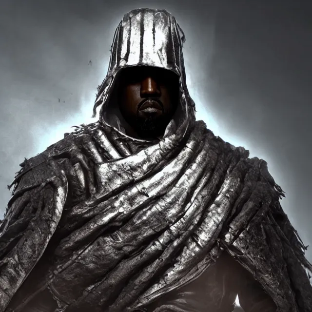 Image similar to kanye yeezus reimagined as a boss in dark souls, dark cinematic, volumetric, realistic, 3 d render, cinematic lighting, ray tracing, unreal engine 5, unreal engine render, octane render, hyper realistic, photo, 8 k