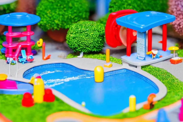 Image similar to fisher price public pool, california scene from tv show hyper detailed 5 5 mm 8 5 mm, toy photography, made out of plastic