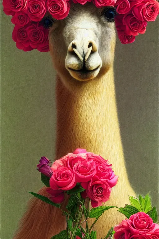 Prompt: beautiful anthro portrait of a Llama, colourful roses and gladioli, close-up, sharp focus, golden ratio, intricate oil painting by John William Godward and Anna Dittman, anthro art masterpiece, Neo-Gothic, Neoclassical, Neo-Gothic, anthro daily deviation