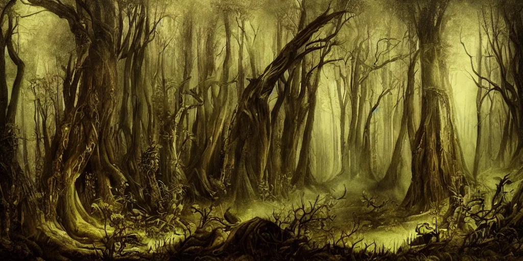 Prompt: dark gothic fantasy forest artwork by eugene von guerard