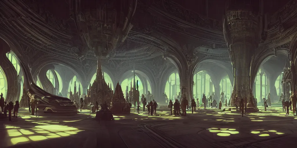 Prompt: cel shaded cinematic shot of the interior of a sci-fi space station with ornate Elven architecture bustling with people and flying cars, epic castle, gothic architecture, emerald, crystalline, detailed illustration, sharp focus, concept art, unreal engine, octane render, god rays