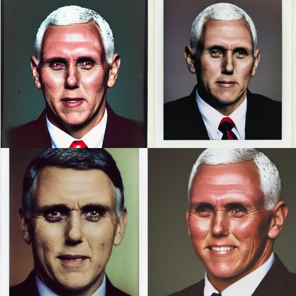 Prompt: polaroid photo of mike pence as a zombie, torn flesh