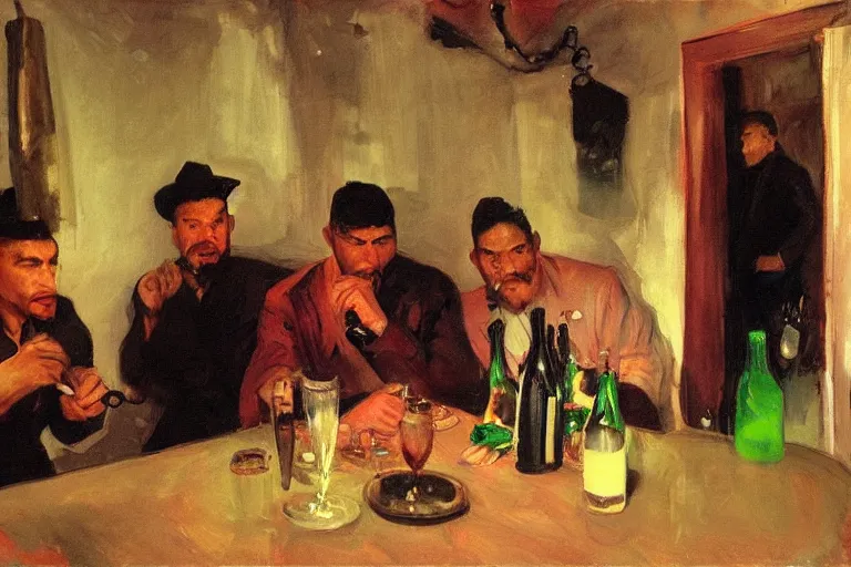 Image similar to cholos drinking brutal and raw wine, inside a tiny green room with red lights by joaquin sorolla, greg rutkowski, bill sienckiwicz, extremely detailed