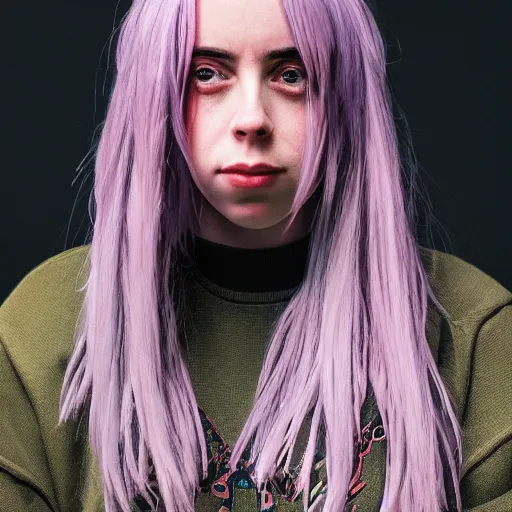 Prompt: Billie Eilish portrait, XF IQ4, f/1.4, ISO 200, 1/160s, 8K, Sense of Depth, color and contrast corrected, Nvidia AI, Dolby Vision, symmetrical balance, in-frame